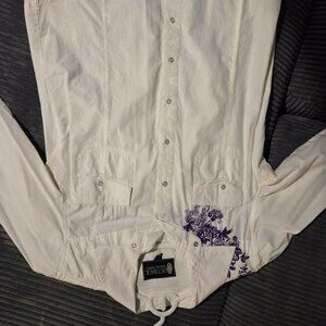 Western Button Down Shirt - White with Purple Shoulder Accent